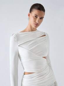 LYSMO Women's Solid Color Asymmetrical Wrap Fitted Long Sleeve T-Shirt