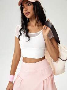 Hanevo Camiseta deportiva y de ocio de ajuste ceñido con malla en 2 en 1 para mujeres