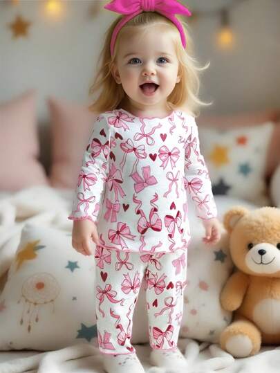 SHEIN 2 Pieces Set Baby Girl Infant Toddler 0-3 Years Old New Arrival, Cute Sweet Casual Daily Graphic Bow Ribbed Knit Crew Neck Long Sleeve Fitted Tee Shirt Top & Skinny Pants, Suitable For Home Wear