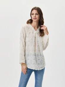 Miaspire Women's Autumn V-Neck Jacquard Cuff Sleeve Loose Casual Versatile Shirt