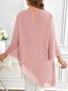 Reflora Plus Size Elegant Solid Color Bowknot Asymmetric Hem Blouse