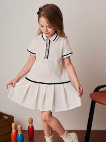 PrepCrw Young Girls Colorblock Ribbon Decor Polo Collar Pleated Hem Dress, College Style For Spring/Summer - White - View 1