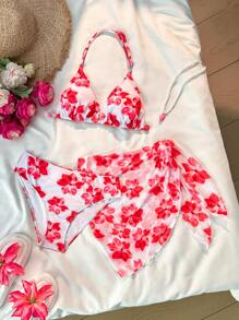 SHEIN Leap Crew Teen Girls Spring & Summer Clean Girl, Light Pink, White, Floral Print Bikini Set With Wrap Skirt 3 Pieces Swimwear, Vacation/Holiday, Vintage//Beach/Sea/Elegant/Cute - Red - View 1