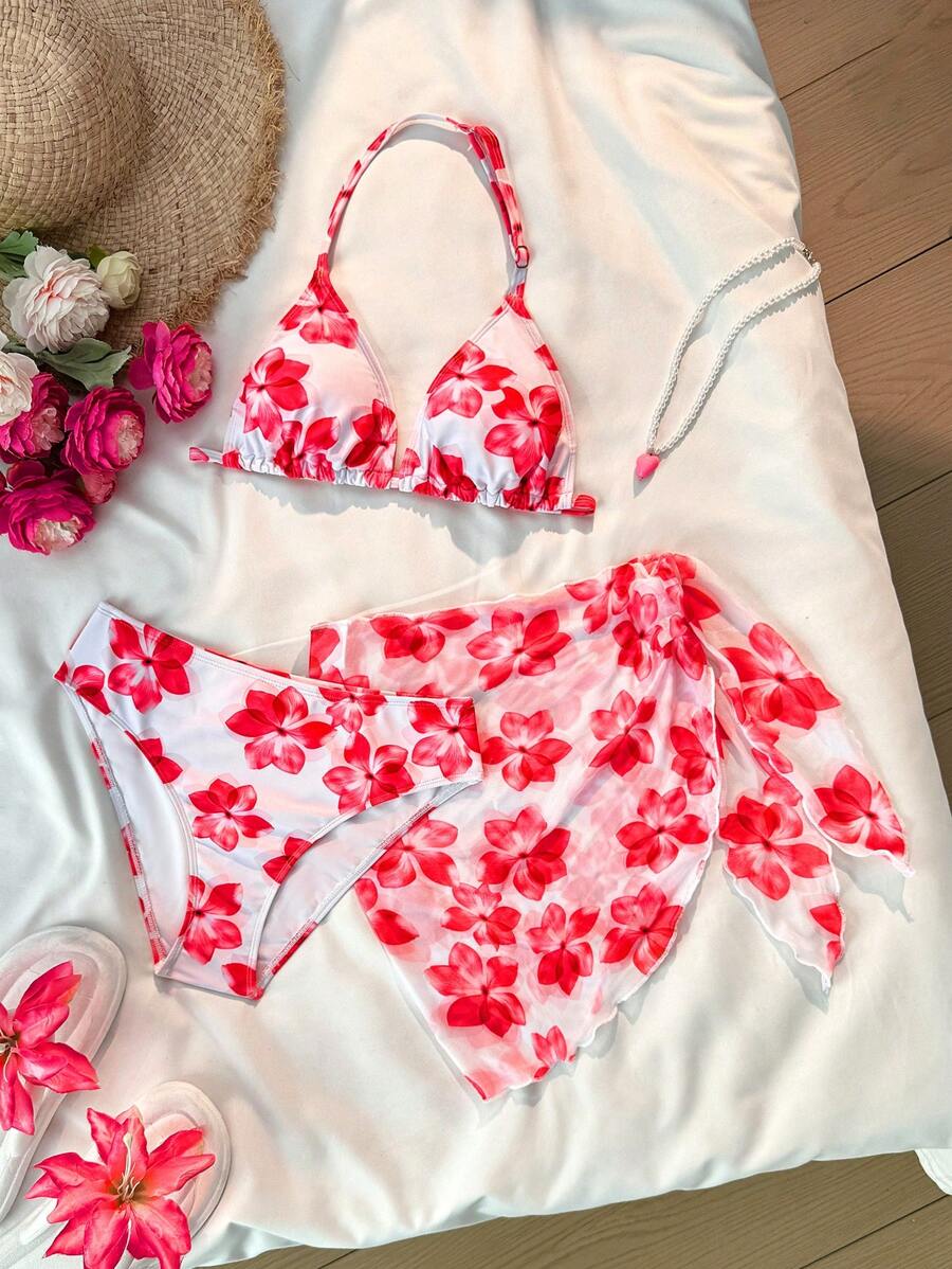 SHEIN Leap Crew Teen Girls Spring & Summer Clean Girl, Light Pink, White, Floral Print Bikini Set With Wrap Skirt 3 Pieces Swimwear, Vacation/Holiday, Vintage//Beach/Sea/Elegant/Cute - Red - View 1
