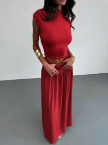 Aloruh New Elegant Stand Collar Ruched Slim Top&High Waist Long Skirt 2Pcs Outfit, Commute/Casual/Date - Red - View 2