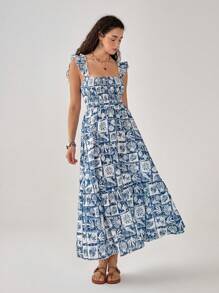 Florisole 女式优雅年轻蓝色贝壳印花休闲吊带裙 - 藏蓝色 - 查看 7