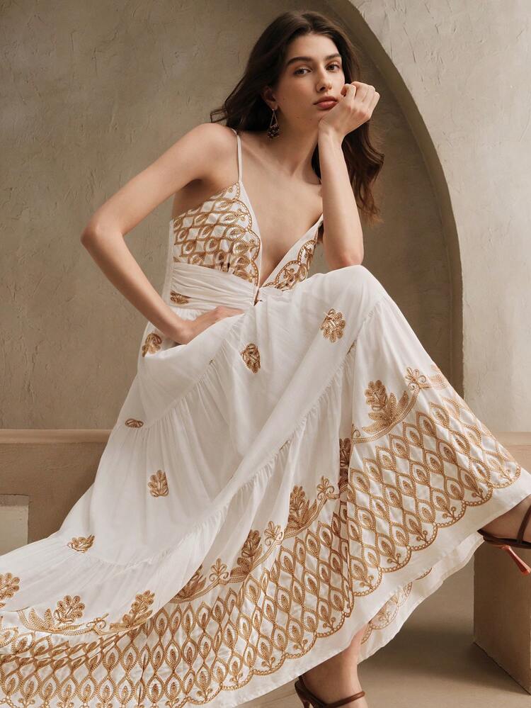 Women's Elegant Vacation Contrast Color Floral Embroidery V-Neck Cinched Waist Spaghetti Strap Dress, Summer Beach Holiday Casual Vacation