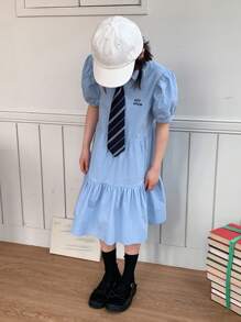 DAZY 青少年女孩彼得潘领褶皱短袖连衣裙，校园风格，夏季，返校服 - 藍色 - 查看 2