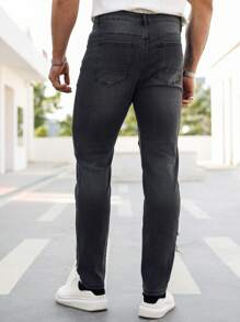 Manfinity LEGND Plus Size Men's Casual Washed Frayed Slim Fit Jeans - Black - View 2