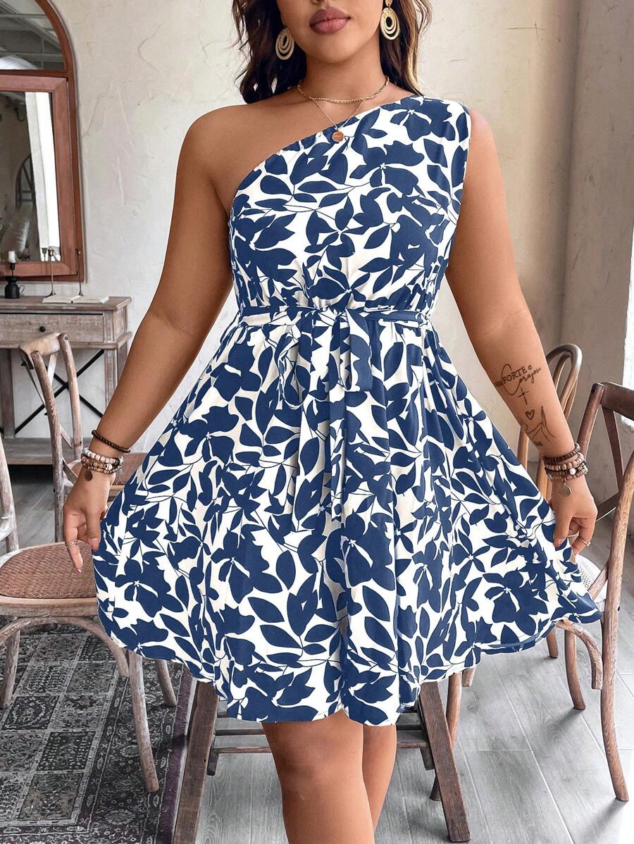 SHEIN Clasi Plus Size Women Plant Print Sleeveless Halter Dress, For Vacation - Blue - View 1