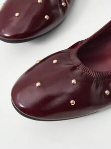 MOTF WOMEN SHOES NEW EUROPEAN AND AMERICAN FASHION PU LEATHER RIVETS INLAID ELASTIC WRINKLED ROUND TOE FLAT SHOES, BURGUNDY VERSATILE ELEGANT SHALLOW MOUTH ONE PEDAL LIGHT NON-SLIP COMFORTABLE ADVANCED FLATS SHOES