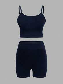 Modmama Pregnant Women Solid Color Long Sleeve Shirt, Camisole, And Shorts Casual Outfit - Navy Blue - View 5