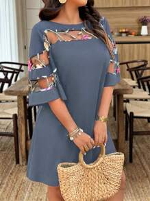 EMERY ROSE Plus Size Asymmetrical Mesh Patchwork Soft Knitted Round Neck Casual Straight A-Line Dress For Vacation, Commute - Multicolor - View 1