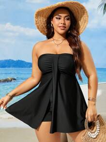 Swim Lushoire Plus Size Summer Beach Solid Color Strapless Swimwear Dress - Black - View 4
