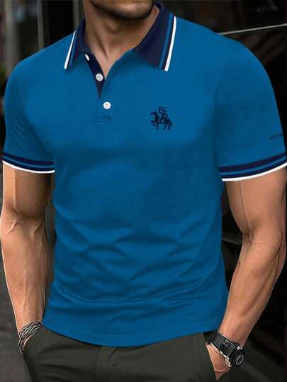 Manfinity Homme 大码男式夏季休闲拼布条纹装饰种马印花 Polo 衫
