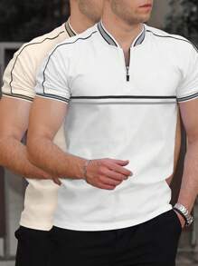 Manfinity Homme Men's Half-Zip Striped Print Casual Short Sleeve Polo Shirt, Summer - Multicolor - View 1