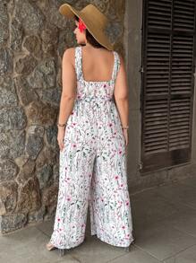 SHEIN VCAY Plus Size Floral Print Halter Jumpsuit For Holiday & Casual Wear - Beige - View 2