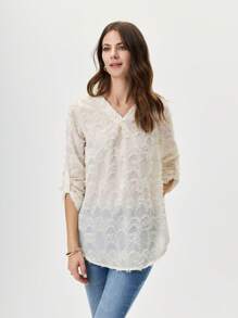 Miaspire Women's Autumn V-Neck Jacquard Cuff Sleeve Loose Casual Versatile Shirt