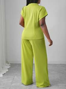 Slaydiva 新款春夏度假百搭休闲套装，适合生日聚会、约会、日常穿着 - 包括翻领双排扣衬衫和修身长裤，黄绿色，大码两件套 - 黃色 - 查看 2