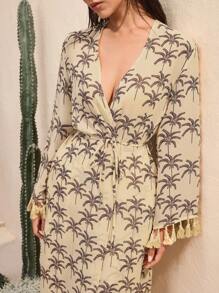 BY FELIZIA Light Apricot Summer Palm Tree Print Chiffon Long Beachwear Vacation Resort Wear New Arrivals Summer Long Kimono For Women - Multicolor - View 3