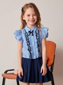 PrepCrw Young Girls Spring/Summer Gingham Sleeveless Shirt With Ruffle Detail And Pleated Skirt Coordinated Set - Multicolor - View 1