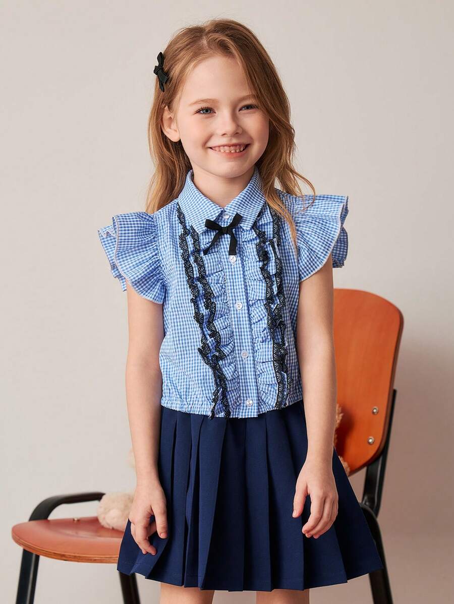 PrepCrw Young Girls Spring/Summer Gingham Sleeveless Shirt With Ruffle Detail And Pleated Skirt Coordinated Set - Multicolor - View 1