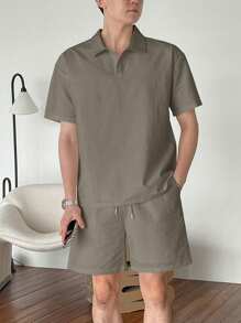 DAZY 男士夏季纯色短袖 Polo 衫和短裤套装 - 灰色 - 查看 4