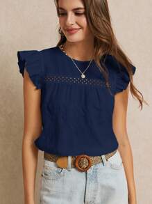 Poéselle Summer Vacation Wedding Season, Excellent Ruffle Trim Solid Color Blouse, Cute Top, Elegant , Boho Chic, Casual Style, Essential, - Navy Blue - View 3