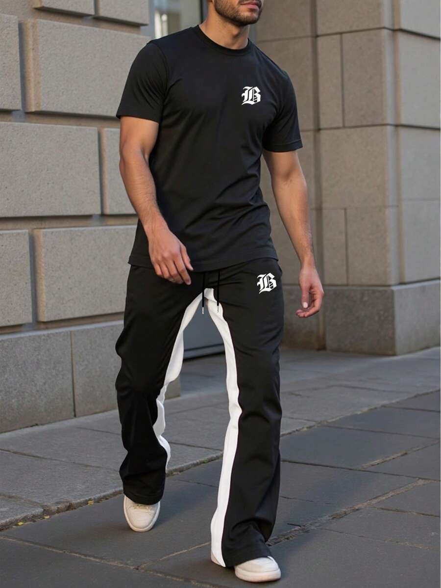 Manfinity Homme Plus Size Men's Flared Printed T-Shirt And Pants Set - Multicolor - View 1