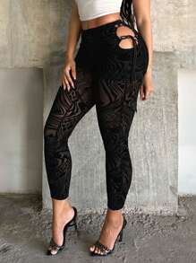 SHEIN SXY 女式斑马纹侧开衩系带网眼打底裤，女式打底裤，女式黑色裤子，网眼，性感，夜店装扮，性感女装，辣妹，街头装，夏季，Y2K，外出 - 黑色 - 查看 6