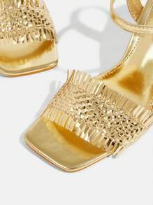 CUCCOO TILAWA Women's Gold Square Toe Woven Texture Block Heel Sandals, High Heel Slip-On Shoes - Gold - View 7