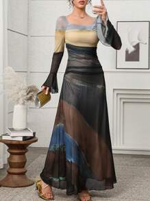 Modelyn Elegant Ombre Print Long Dress For Women,Long Sleeves Bodycon Dress - Multicolor - View 1