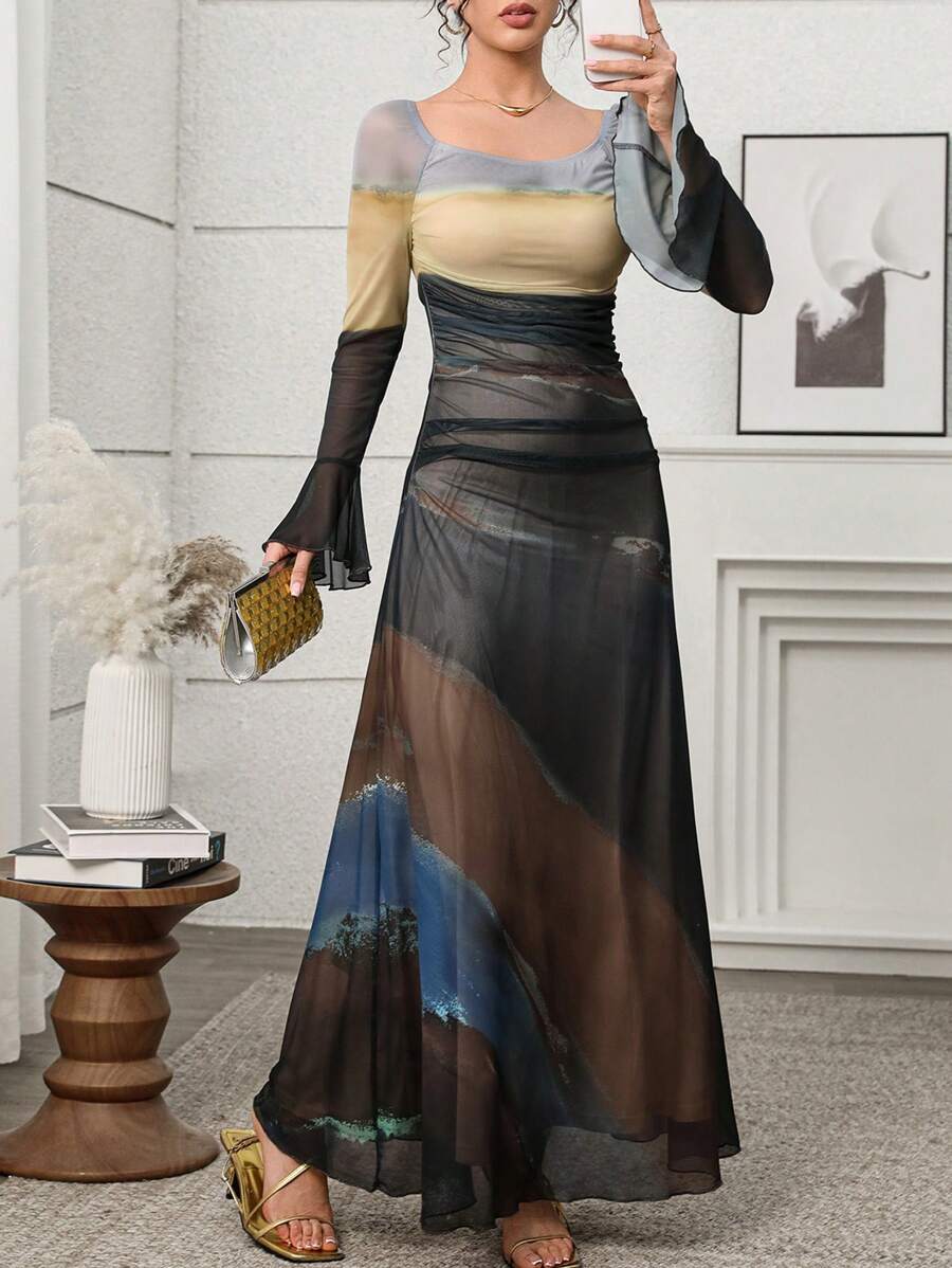 Modelyn Elegant Ombre Print Long Dress For Women,Long Sleeves Bodycon Dress - Multicolor - View 1