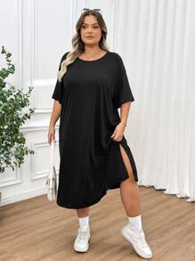 SHEIN CURVE+ Women's Plus Size Black Daily Basic Casual Simple Solid Color Side Slit Detail Round Neck Loose Short Sleeved Mid Length T-Shirt Dress - Black - View 5