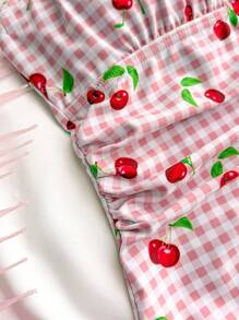 SHEIN Teen Girls Pink Sweet Plaid Cherry Print One-Piece Swimsuit Summer,Beach Outfit Bathing Suit Summer,Summer Beach - Pink - View 5