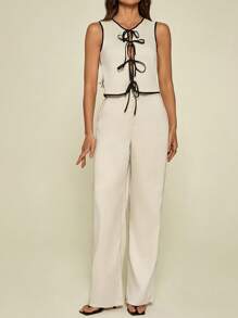 SHEIN Tall Spring And Summer Women's Lace-Up Suit, Contrasting Color Bow, Women's Top & Solid Color Casual Loose Trousers, Women's Two Pieces Set, Daily Casual, Workplace Commuting Wear Ladies' Solid Color Top And Pants Set, Perfect For Vacation/Leisure Time - Apricot - View 8