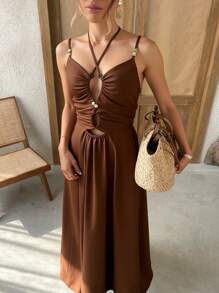 SHEIN VCAY Women's Long Dress,Coffee Brown,Summer,Casual,Vacation,Holiday,Spaghetti Strap,Sleeveless,Hollow Design,Fashionable,Music Festival,Modest Streetwear - Brown - View 6