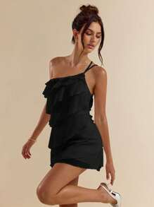 SHEIN BAE Váy ngắn lá sen xếp lớp màu mơ đơn sắc cho kỳ nghỉ hè trên bãi biển, phù hợp cho hẹn hò hàng ngày, đi chơi đêm, hộp đêm, tiệc tùng, tụ tập, tiệc cocktail, tiệc hồ bơi, quần áo mùa tựu trường, váy mùa đi học, váy ngày lễ, quần áo lễ hội âm nhạc, quần áo lễ hội nhạc đồng quê, quần áo hòa nhạc - màu đen - Xem 3