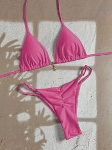 Swim Chiccia 女士夏季纯色金属吊坠泳衣套装带吊带性感丁字裤比基尼 - 玫紅色 - 查看 1