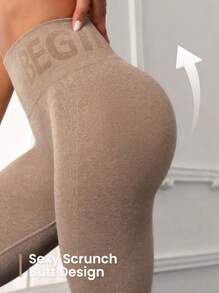 Easithlete Sport Studio 女式高腰无缝修身紧身裤 - 弹性柔软透气四向拉伸紧身裤，适合跑步、骑行、瑜伽、泡菜球运动、休闲 - 卡其色 - 查看 4