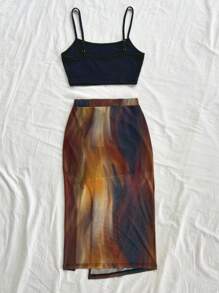 Soleia New Vacation Knitted Sunset Print Twist Slit Metal Decor Design Vest And Mini Skirt 2 Pieces Set