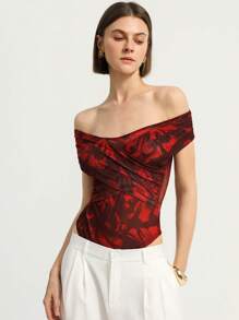 GENKIRA Red Ankura Floral Print Random Mesh Wrap Off Shoulder Romantic Elegant High-End Design Waist-Cinched Bodysuit For Women All Over Print  For Summer - Red - View 1