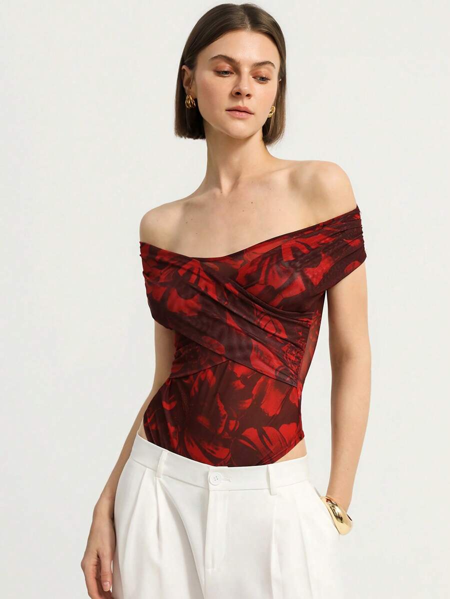 GENKIRA Red Ankura Floral Print Random Mesh Wrap Off Shoulder Romantic Elegant High-End Design Waist-Cinched Bodysuit For Women All Over Print  For Summer - Red - View 1