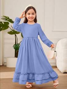 Young Girl A-Line Ruffle Trim & Headscarf Long Dress - Blue - View 6