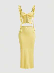 SHEIN MOD Women Yellow Ruffle Tie Strap Top And Skirt Set,Vacation Outfits Women,Concert Outfit Women,Western Wear Women