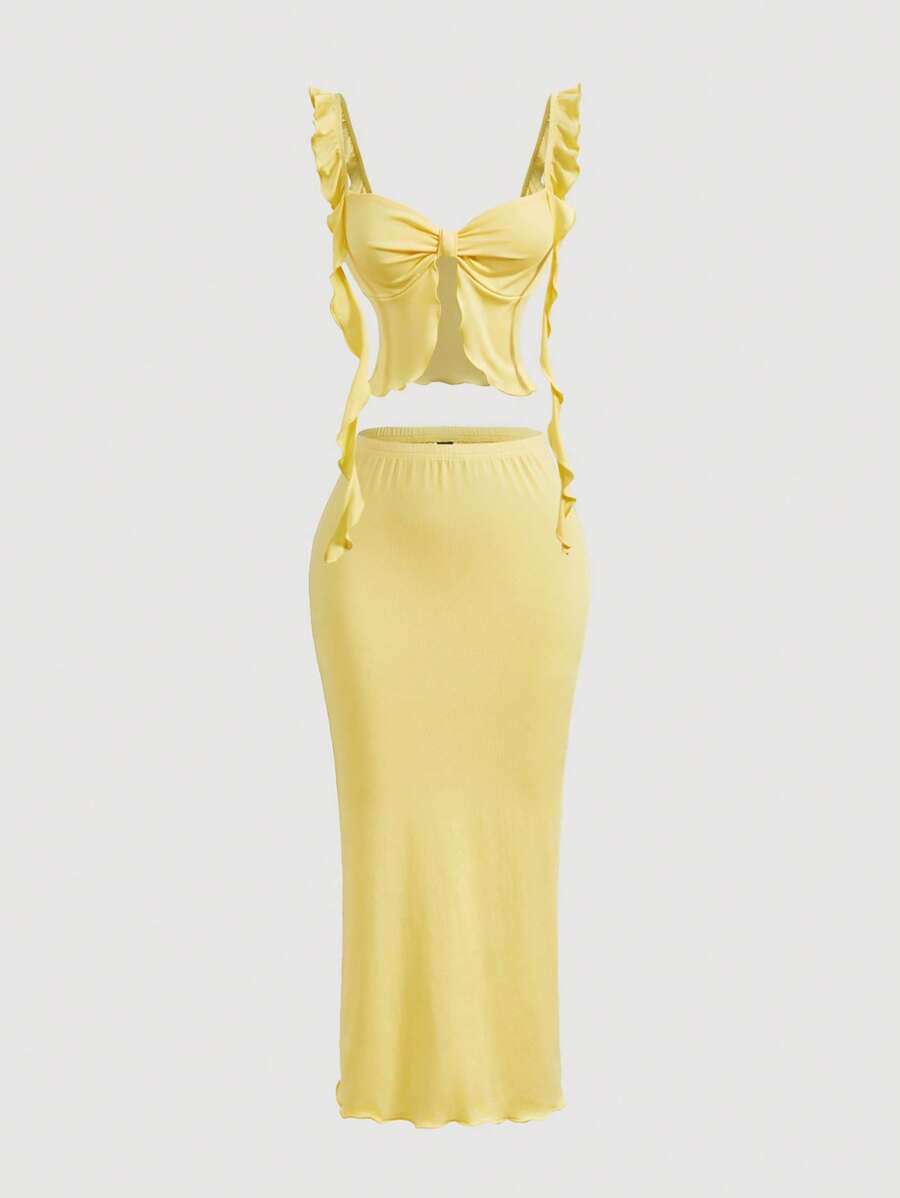 SHEIN MOD Women Yellow Ruffle Tie Strap Top And Skirt Set,Vacation Outfits Women,Concert Outfit Women,Western Wear Women