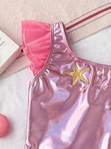 SHEIN 年轻女孩可爱海星刺绣珍珠装饰荷叶边连体泳衣，带网眼沙滩裙，不对称领口装饰 - 彩色 - 查看 3