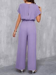 SHEIN Clasi Bộ đồ liền thân cổ tròn thanh lịch dành cho nữ có thắt lưng và ống rộng - Màu tím hoa cà - Xem 2