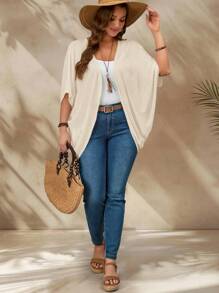 EMERY ROSE Plus Size Vacation Solid Color Asymmetric Hem Batwing Sleeve Casual Jacket,Spring/Summer Winter Fall Autumn - Khaki - View 5
