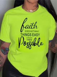 Flirla 大码女式口号印花圆领短袖 T 恤，信念不会让事情变得简单，但会让事情变得可能图案 T 恤女式上衣 - 綠色 - 查看 4